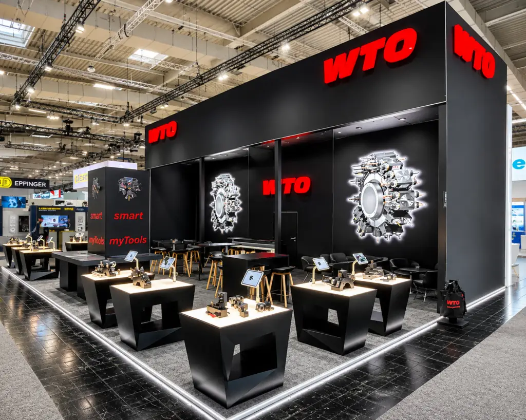 WTO-EMO-Hannover-Bild-von-Rechts-Expoline-Messedesign • EXPOLINE Messedesign • EXPOLINE Messedesign WTO trade show booth with black walls, red logo, and large mechanical engine parts on display, tablet stations on angled black stands.