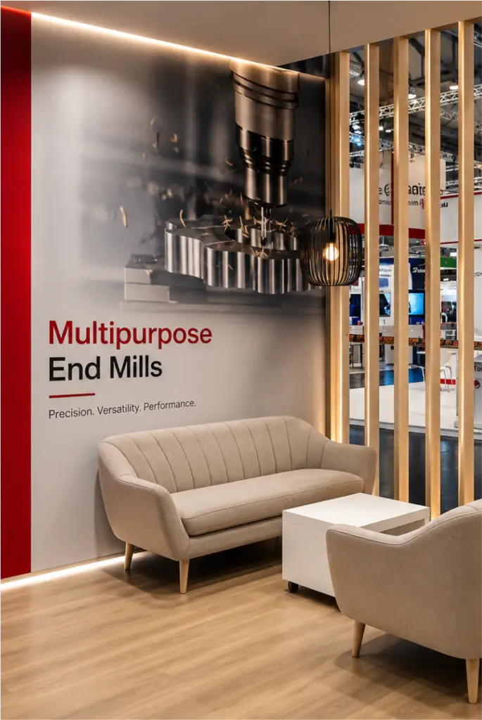 7Leaders Messestand mit Lounge-ecke und Lichtinszenierung-Expoline-Messedesign-Albstadt • EXPOLINE Messedesign • EXPOLINE Messedesign Showroom lounge with a beige sofa and white coffee table in front of a wall graphic that says 'Multipurpose End Mills' and features a large industrial machine image.