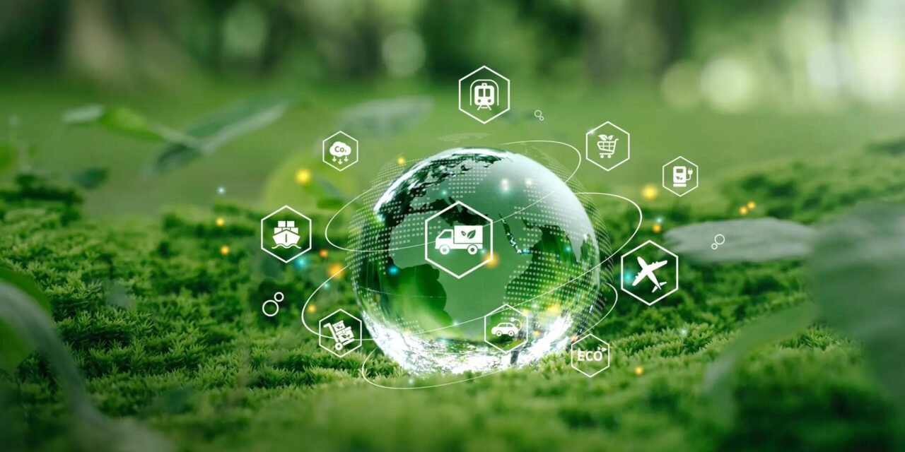 Nachhaltigkeit bei Expoline -Grüne Logistik oder nachhaltiger Transport. Nachhaltiger globaler Transport. Logistik oder Reisen per Schiff, Auto, Zug, Flugzeug, LKW, mit sauberer Energie und umweltfreundlichen Verfahren zu einem Netto-Null-Kohlenstoffausstoß.